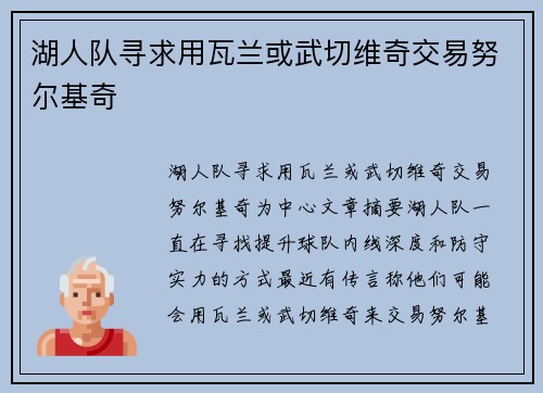湖人队寻求用瓦兰或武切维奇交易努尔基奇